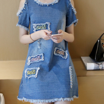 Grandwish Women Denim Ripped Holes Dress With Pearl Design Off Shoulder Dress Slim S-XL (Blue) - Intl June 2018 - 5 Grandwish Women Denim Ripped Holes Dress With Pearl Design Off shoulder Dress Slim S-XL (Blue) - Intl - 5