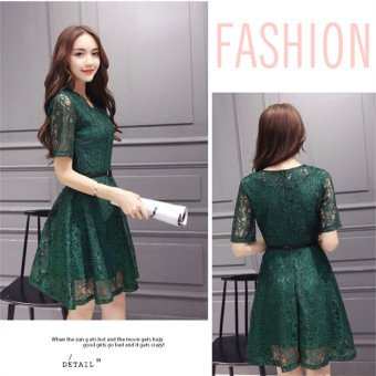 Green 2016 Fashion Women Sexy O-neck Hollow-out Lace Close-fitting Slim Floral Print Casual Short Sleeve Dress Vestidos June 2018 - 3 Green 2016 Fashion Women Sexy O-neck Hollow-out Lace Close-fitting Slim Floral Print Casual Short Sleeve Dress Vestidos - 3