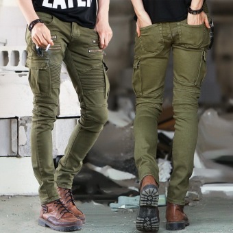 Green Denim Biker Jeans Mens Skinny 2016 Runway Distressed Slim Elastic Jeans Hiphop Washed June 2018 - 2 Green Denim Biker Jeans Mens Skinny 2016 Runway Distressed Slim Elastic Jeans Hiphop Washed - 2