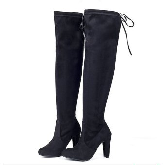 Hanyu Women Fashion Solid High Heel Suede Knee Long Boots Black - Intl June 2018 - 2 Hanyu Women Fashion Solid High Heel Suede Knee Long Boots Black - intl - 2