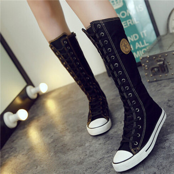 HengSong Women's Canvas Boots Lace Zip Knee High Boots Women Boots Flats Casual Tall Punk Shoes Girls Black - Intl June 2018 - 2 HengSong Women's Canvas Boots Lace Zip Knee High Boots Women Boots Flats Casual Tall Punk Shoes Girls Black - intl - 2