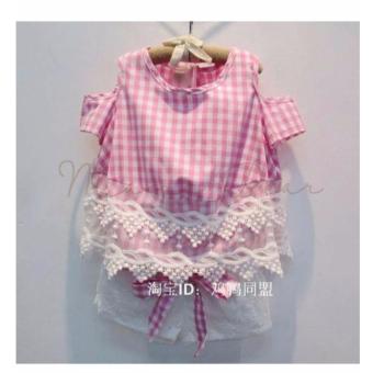 Kids Blouse With Shorts Plaid Semi Off Shoulder Top Girls CrochetLace Checkered Shirt With Shorts Set July 2018 - 2 Kids Blouse with Shorts Plaid Semi Off Shoulder Top Girls CrochetLace Checkered Shirt with Shorts Set - 2