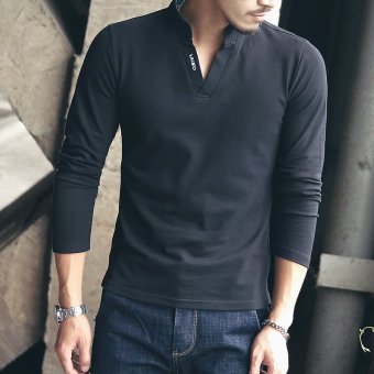 Men's Leisure Long Sleeve High-neck Cotton?Casual Polos Black April 2018 - 2 Men's Leisure Long Sleeve High-neck Cotton?Casual Polos Black - 2
