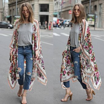 New Women Chiffon Kimono Cardigan Floral Print Asymmetric Boho Loose Outerwear Beachwear Bikini Cover Up White - Intl April 2018 - 4 New Women Chiffon Kimono Cardigan Floral Print Asymmetric Boho Loose Outerwear Beachwear Bikini Cover Up White - intl - 4