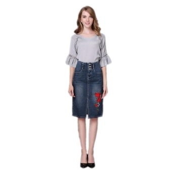 Ready Stock Women High Waist Embroidery Split A Line Knee Length Denim Skirts Plus Size S-4xL - Intl June 2018 - 4 Ready Stock Women High Waist Embroidery Split A Line Knee Length Denim Skirts Plus Size S-4xL - intl - 4