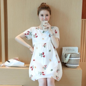 Small Wow Maternity Elegant O-neck Print Cotton Loose Above Knee Dress White - Intl June 2018 - 2 Small Wow Maternity Elegant O-neck Print Cotton Loose Above Knee Dress White - intl - 2