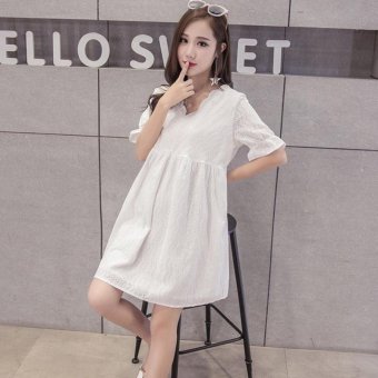 Small Wow Maternity Fashion V-neck Solid Color Cotton Loose Above Knee Dress White - Intl June 2018 - 3 Small Wow Maternity Fashion V-neck Solid Color Cotton Loose Above Knee Dress White - intl - 3