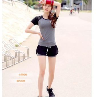 Sports Fitness Wear 2Pcs Suit Women Slim Quick Dry Running T-shirtShort Sleeved Shirt Two In One Shorts Yoga Clothes Set Grey Wthblcak - Intl June 2018 - 2 Sports fitness wear 2Pcs suit Women slim Quick dry Running T-shirtShort sleeved shirt Two in one shorts Yoga clothes set Grey wthblcak - intl - 2