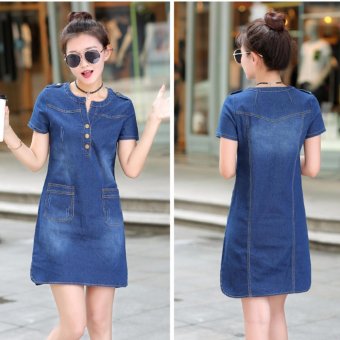 Spring And Summer Women's Republic Of Korea Code Easy To Wear Thin Long Sleeved Short Of A-Line Skirt Thin Denim Dress - Dark Blue - Intl June 2018 - 2 Spring and Summer Women's Republic of Korea Code Easy To Wear Thin Long Sleeved Short of A-Line Skirt Thin Denim Dress - Dark Blue - intl - 2