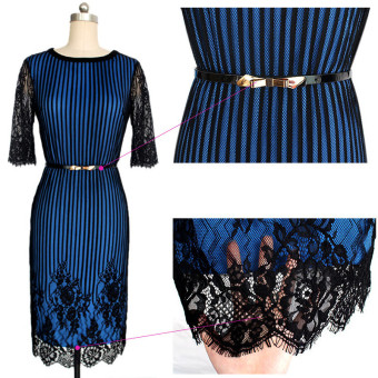 Striped Colorblock Women With Elegant Floral Belt Waist Crochetlace Pencil Dress Evening Dress For Work(Deep Blue) June 2018 - 4 Striped Colorblock Women with elegant floral belt waist crochetlace pencil dress evening dress for work(Deep Blue) - 4