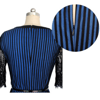 Striped Colorblock Women With Elegant Floral Belt Waist Crochetlace Pencil Dress Evening Dress For Work(Deep Blue) June 2018 - 3 Striped Colorblock Women with elegant floral belt waist crochetlace pencil dress evening dress for work(Deep Blue) - 3