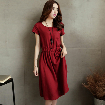 Stylish Scoop Collar Short Sleeve Floral Simple Hemp Women's Dress June 2018 - 3 Stylish Scoop Collar Short Sleeve Floral Simple Hemp Women's Dress - 3