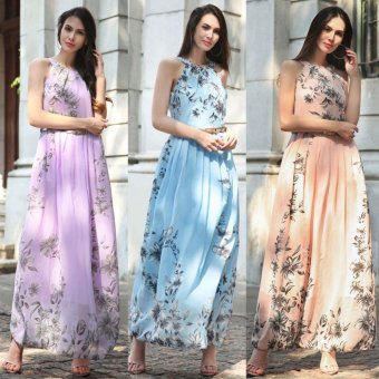Summer Style Women New Fashion Long Maxi Dress O Neck Floral Print Sleeveless Evening Party Elegant Casual Party Dresses With Belt Blue - Intl June 2018 - 2 Summer Style Women New Fashion Long Maxi Dress O Neck Floral Print Sleeveless Evening Party Elegant Casual Party Dresses With Belt Blue - intl - 2