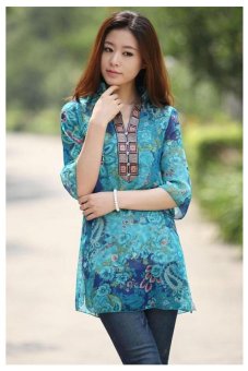 Women Embroidery Printing Vestidos Chiffon Dress Floral Casual Blouse Blue June 2018 - 2 Women Embroidery Printing Vestidos Chiffon Dress Floral Casual Blouse Blue - 2