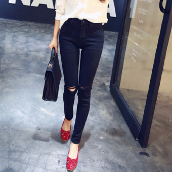 Women's Korean High Waist Hole Jeans Denim Pencil Pants (Black) June 2018 - 2 Women's Korean High Waist Hole Jeans Denim Pencil Pants (Black) - 2