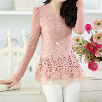 YBC Women Floral Chiffon Blouse Long Sleeve Lace Crochet Casual Tops Pink June 2018 - 2 YBC Women Floral Chiffon Blouse Long Sleeve Lace Crochet Casual Tops Pink - 2