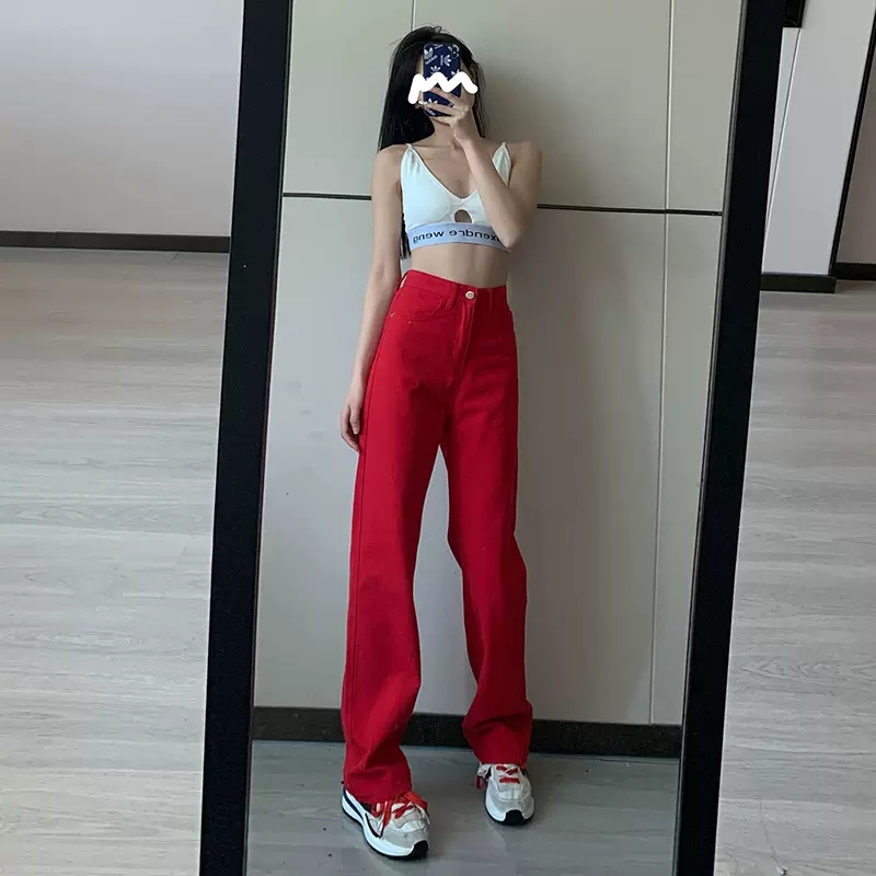 Red High Waist Jeans for Women New Style Korean Straight Leg Pants