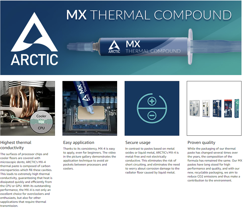 Arctic MX-4 4g Thermal Compound Paste with Spatula for All CPU Coolers with Extremely high thermal Conductivity Low Thermal Resistance Long Durability Metal-Free Non-Conductive Non-capacitive