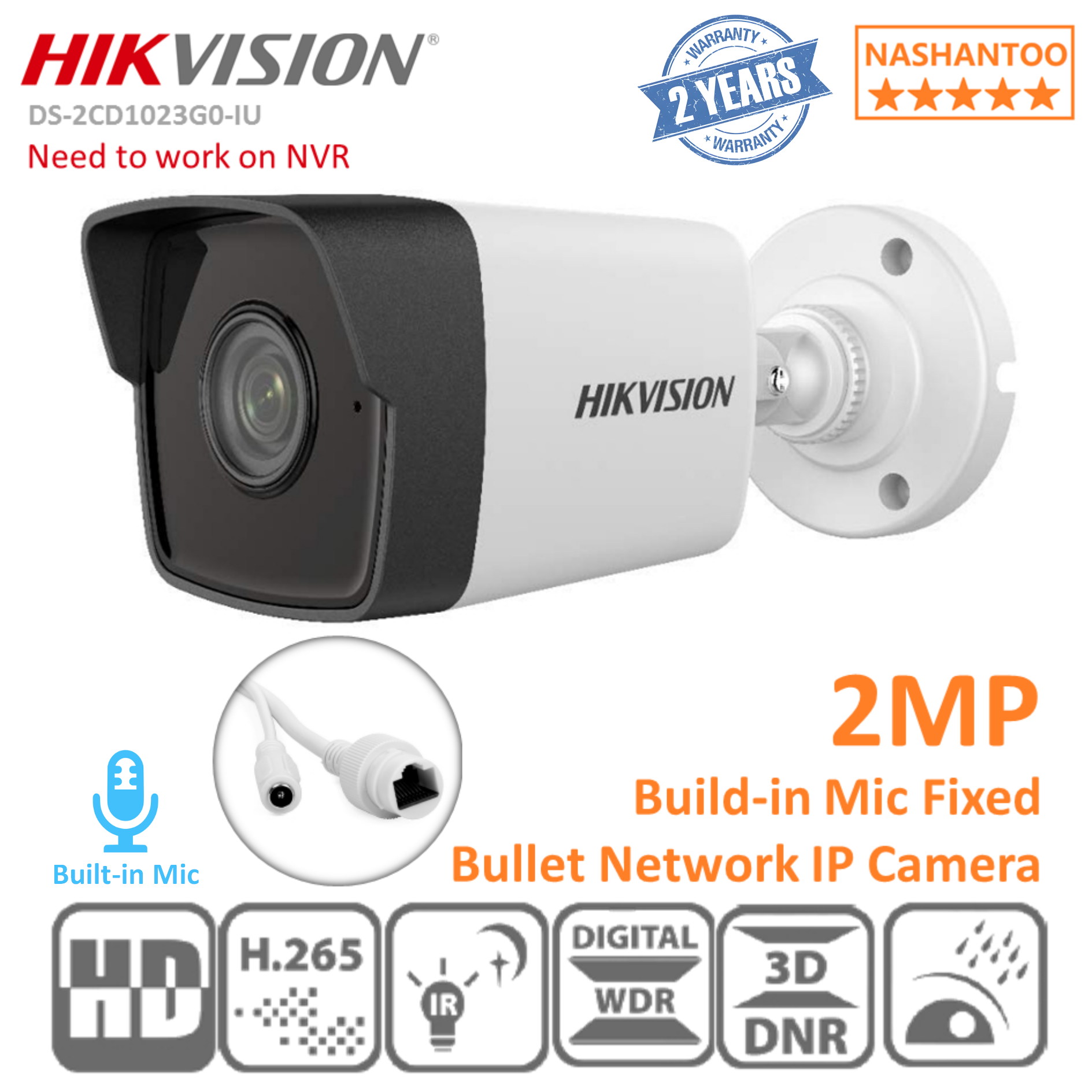 HIKVISION DS-2CD1023G0-IU(F) 2MP IR PoE Build-in Mic Fixed