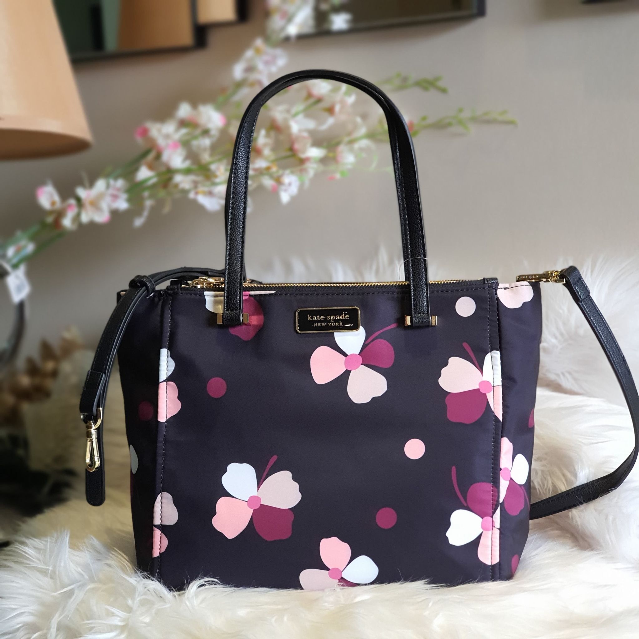 Kate Spade Black Daisy Flower Print Women's Tote Bag with Sling Classic  Medium Dawn Satchel Two Zip and Tab Closure Nylon Bag | Lazada PH