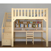 Solid Wood Loft Bed with Study Table and Wardrobe Set