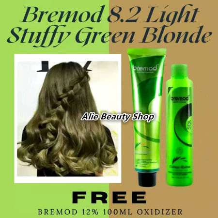 Bremod 8.2 Light Stuffy Green Blonde+Bremod 12% Hair Spa Hydrox Developer Oxidant Oxi-100ml+Send gloves