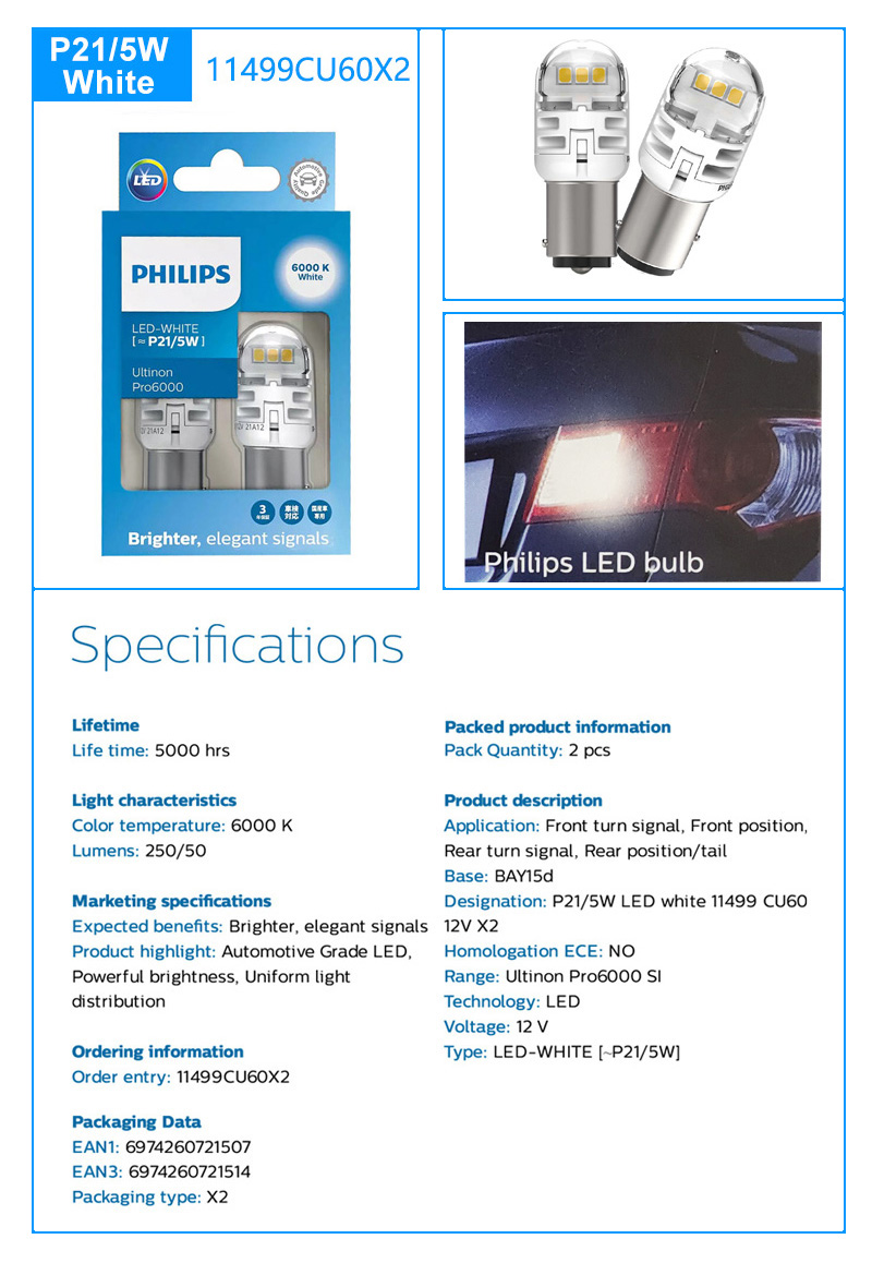 Philips Ultinon Pro6000 SI Car Signaling Bulb 11961CU60X2 LED-T10 W5W –