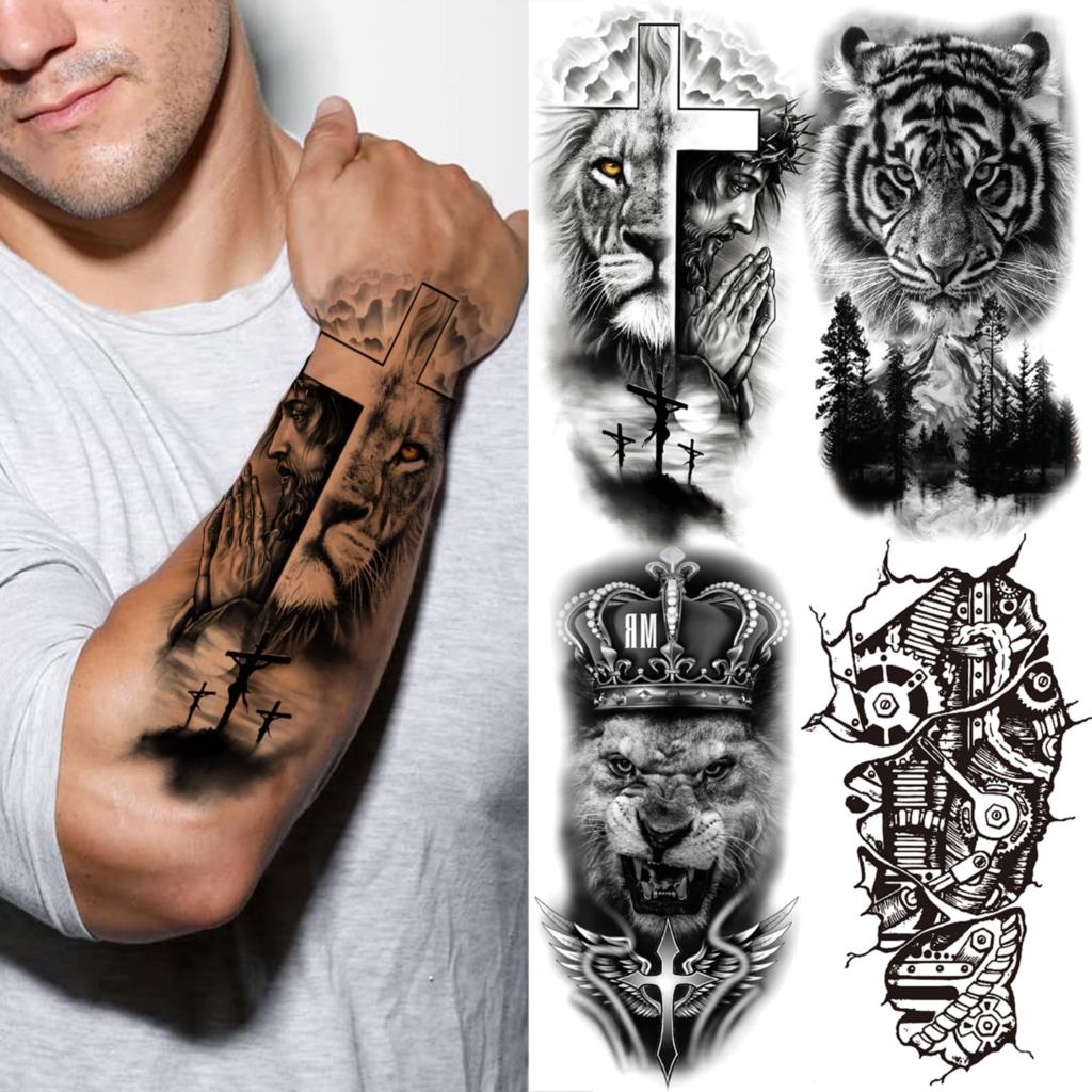 Large Arm Sleeve Tattoo Clocks Rose Eye Lion Waterproof Temporary Tatto  Sticker  eBay