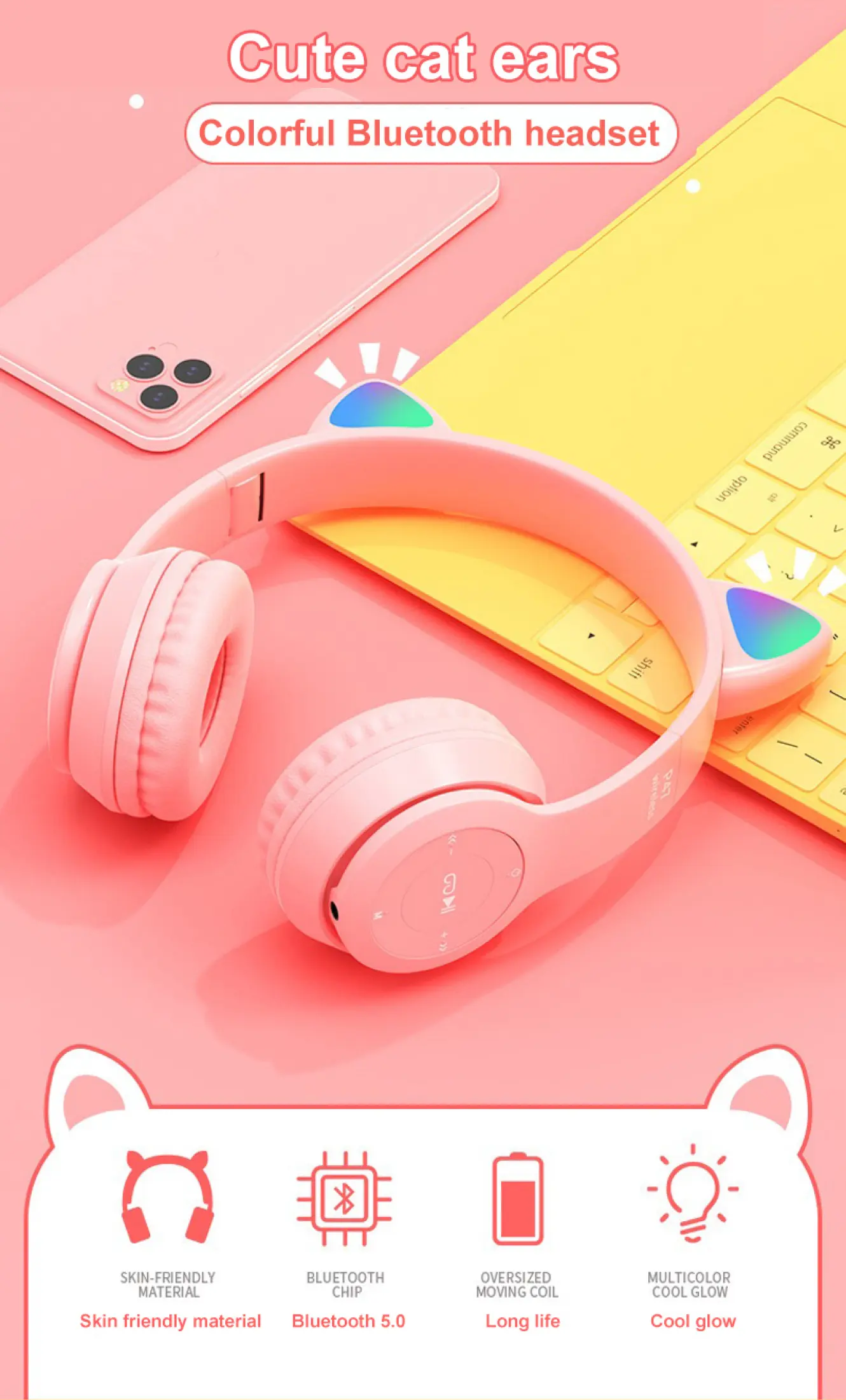 เกี่ยวกับสินค้า [Great Deals] Original หูฟังหูแมวหูฟังชุดหูฟังบลูทูธ5.0 Led ปรับหูฟังพับได้ Blth 5.0หูหูฟังสเตอริโอไร้สายพับได้กว้างความเข้ากันได้ยาวสแตนด์บายมีไมโครโฟนในตัว ไฟLED