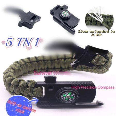 Survival Bracelet with Fire Starter, Compass, Whistle, and Rope
