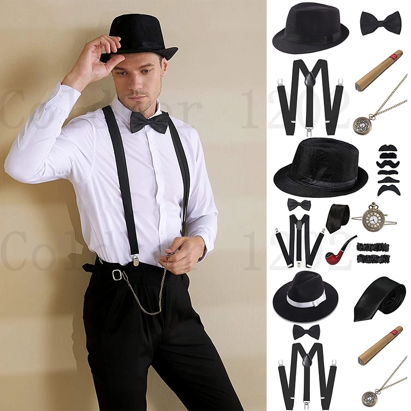 1920s Mens Gatsby Gangster Costume Accessories Set Old Man Grandpa Costume  Cosplay Dress Up With Panama Hat Suspender Bow Tie- Snngv