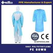 Medtecs Disposable Aami Level 3 PE Isolation Gowns, Polyethylene, Open-Back, Thumb-Up, Fluid Resistant, Durable Comfortable Ppe - CoverU Series, Unisex Adult - Blue Color