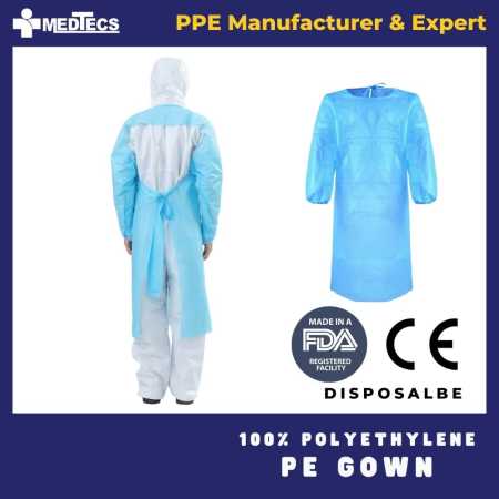 Medtecs Disposable Aami Level 3 PE Isolation Gowns, Polyethylene, Open-Back, Thumb-Up, Fluid Resistant, Durable Comfortable Ppe - CoverU Series, Unisex Adult - Blue Color