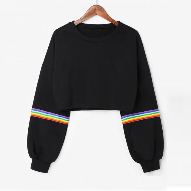 F_Gotal Long Sleeved Womens Tops Cropped Hoodies Sweatshirts Teen Girls Casual Rainbow Print Sweatshirt Blouse Tops 