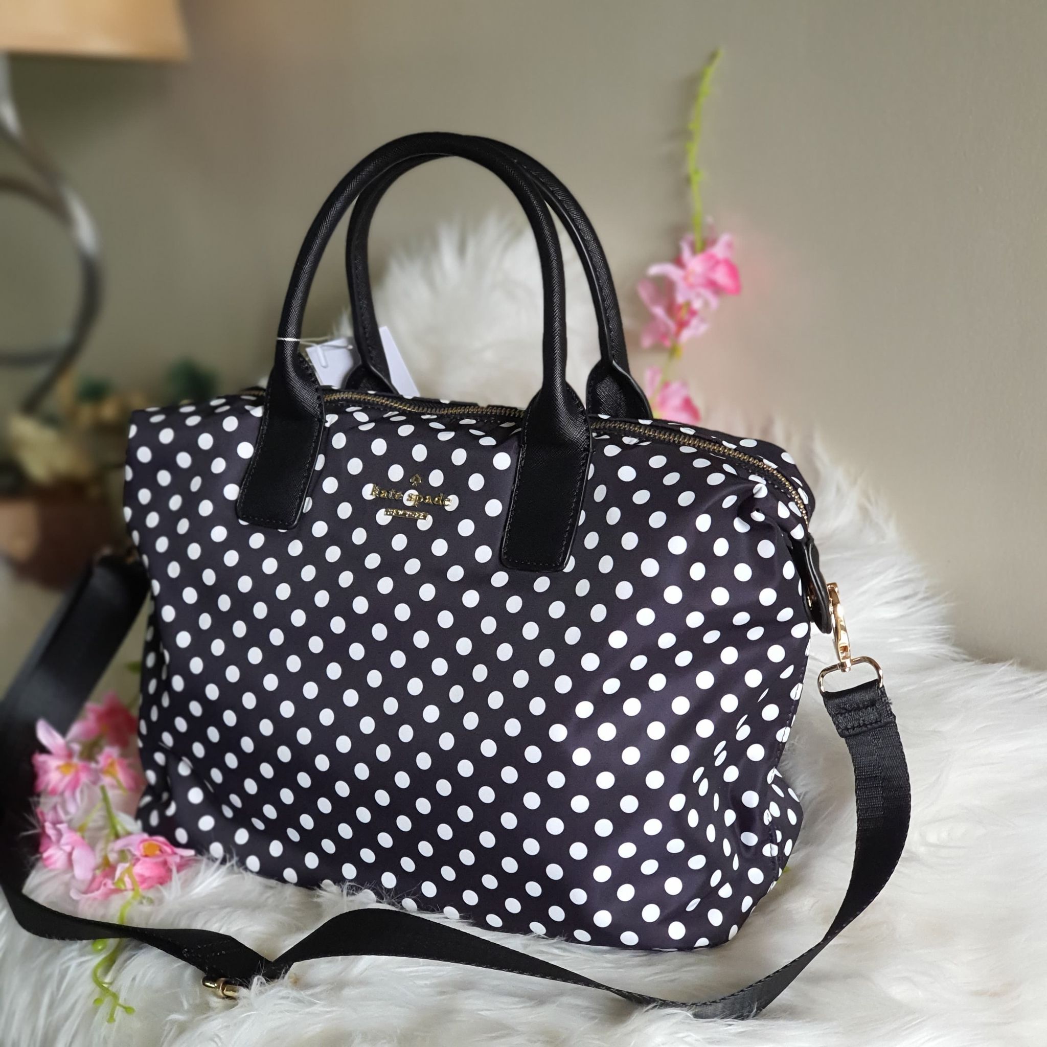 Kate Spade Lyla Black Large Polka Dots Print Top Handle Crossbody Classic  Nylon Weekender Bag | Lazada PH