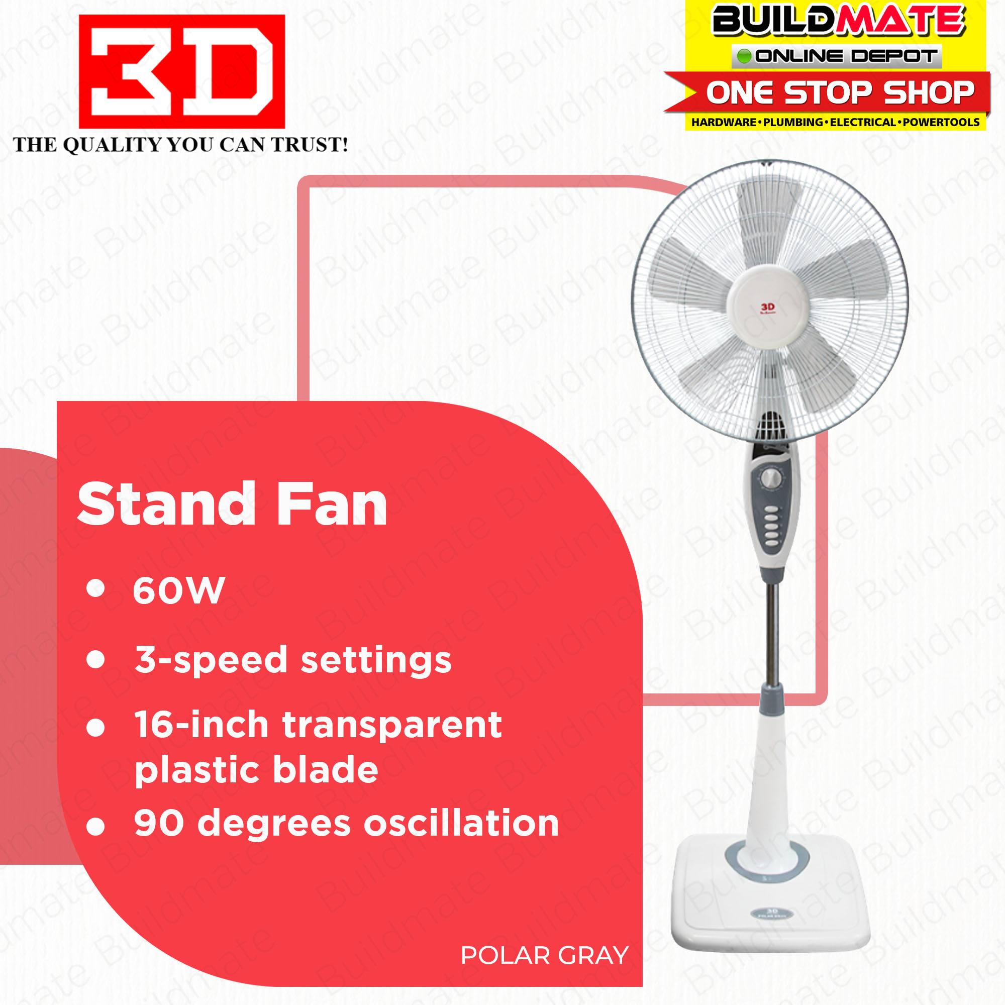 3D Stand Fan 16" Polar Gray •BUILDMATE•