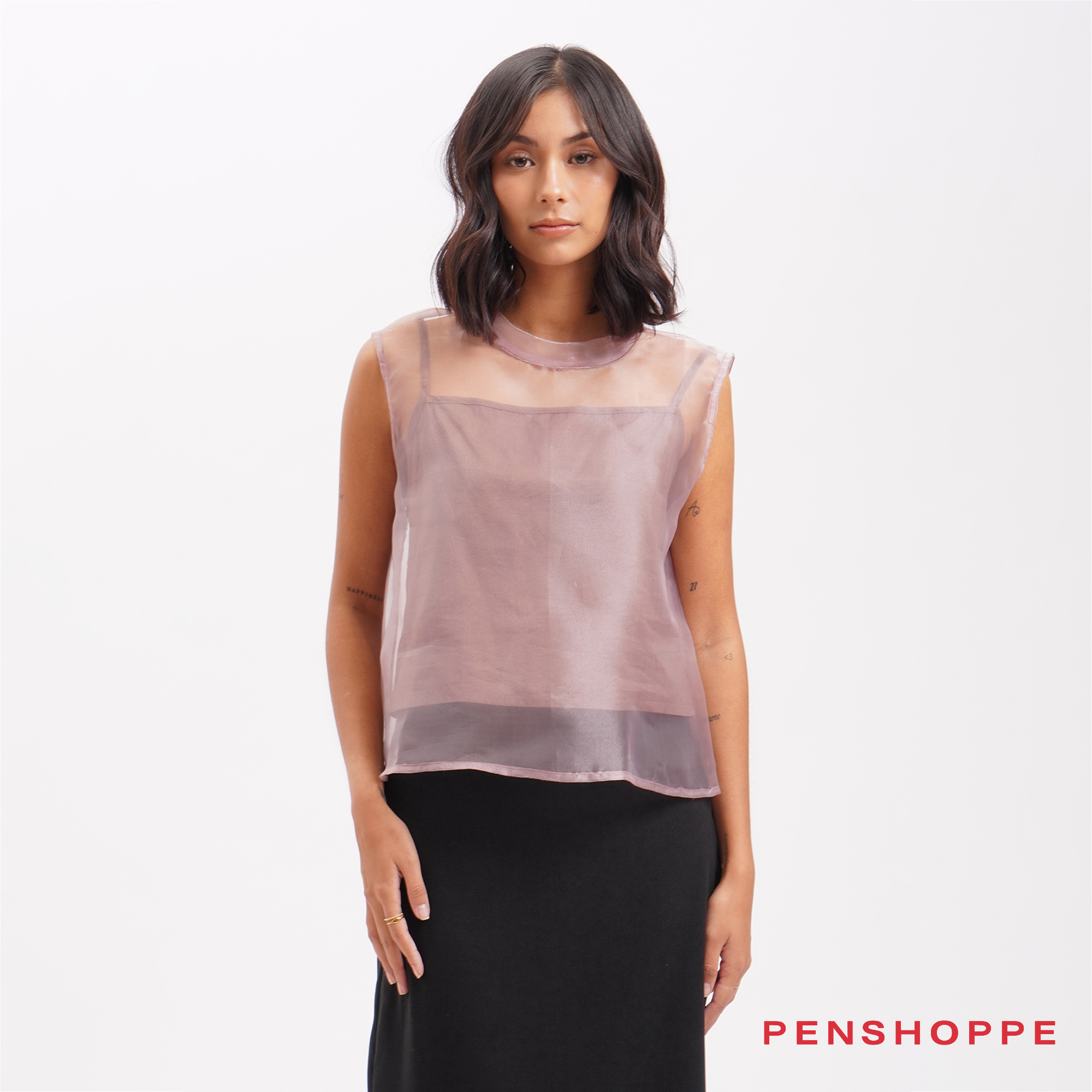 Penshoppe Relaxed Fit Sheer Top With Inner For Women (Black/White)