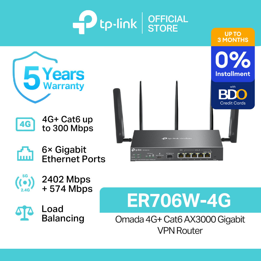 TP-Link Official Store / ER706W-4G / Omada 4G+ Cat6 AX3000 2.4 GHz and 5 GHz Dual Band Gigabit Ethernet Port VPN Gateway WiFi Router