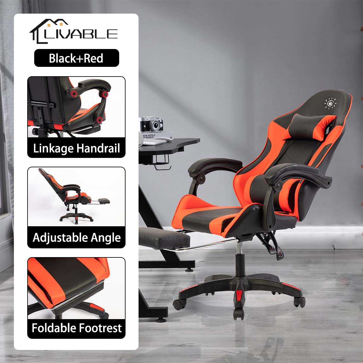 LIVABLE Adjustable Gaming Chair Ergonomic Office Chair with Footstool E-sports Reclining Chair Leather Computer Chair - Image 3