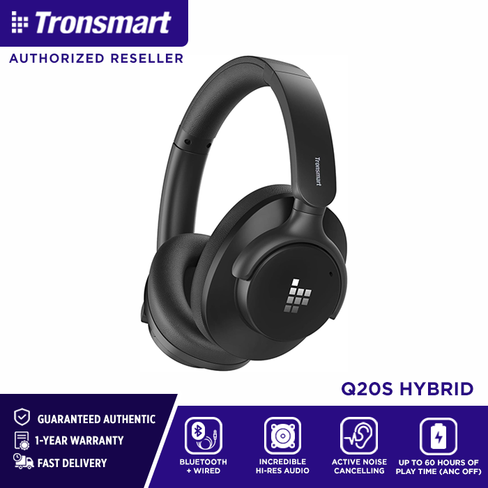 Tronsmart Q20S Hybrid Active Noise Cancelling Headphones, Wireless Over Ear Headphones with Mic, Hi-Res Audio, 60H Playtime, Deep Bass Custom EQ via App, Comfort Fit, for Travel Home Office