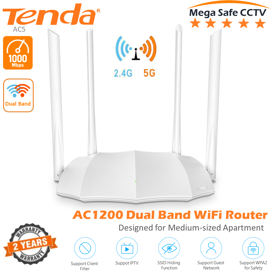 Tenda AC5 AC1200 Dual Band Wireless WiFi Router Dual Band 5GHz & 2.4GHz  White
