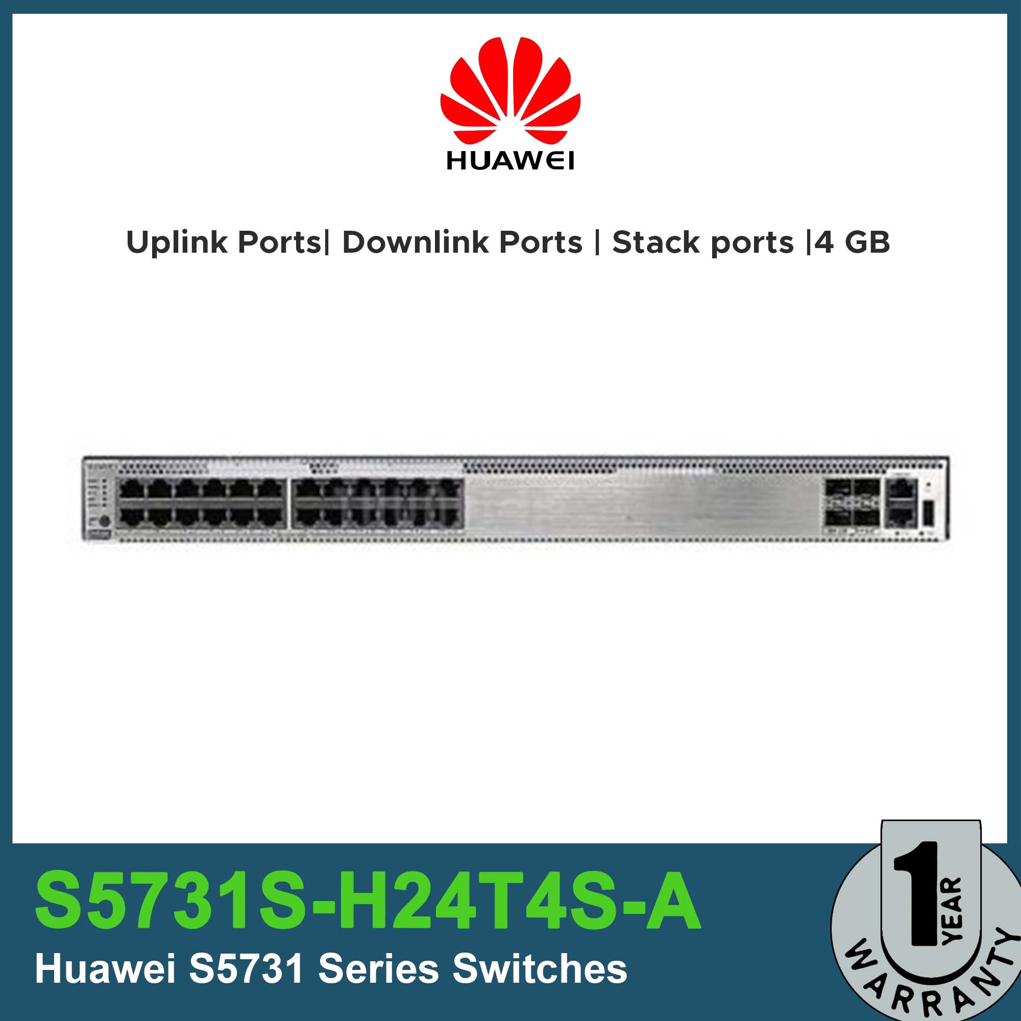 S5731S-H24T4S-A / Huawei S5731 Series Switches / Stack ports 1000BASE-X ports on the front panel / Memory (RAM) 4 GB / Flash 1GB / 24 10/100/1000BASE-T ports / 4 GE SFP+ ports/ IEEE802.3, IEEE802.3u, IEEE802.3ab / 10/100/1000 Mbit/s auto-sensing