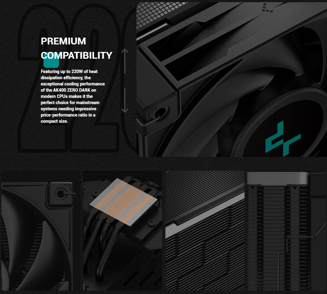 DeepCool AK400 ZERO DARK CPU Air Cooler 220w TDP ALL-Black Heatsink 4 Copper Heat Pipes CPU Cooler 120mm Fan 1650RPM PWM 59.46CFM for Intel LGA 1700/1200/1151/1150/1155 AMD AM5/AM4 - R-AK400-BKNNMN-G-2