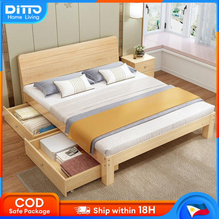 Ditto Wooden Bed With Drawers Bed Frame Nordic Bed Frame Double Queen King Size Bed for Family Furniture