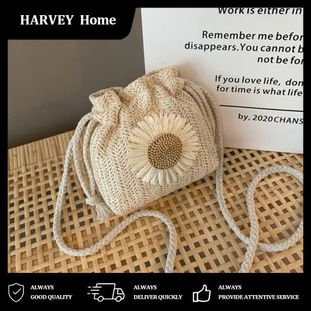 Sunflower Rattan Drawstring Bag - Handmade Straw Bucket Sling