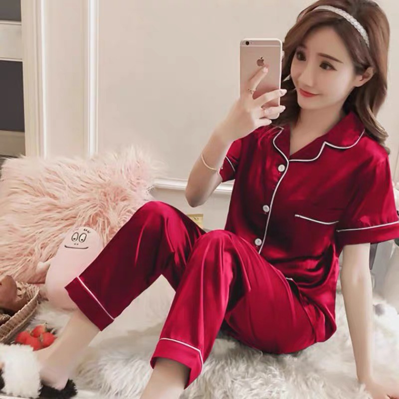 M-XXL Women Satin Short Sleeve Long Pants Pajamas Silk Sleepwear PLAIN - Image 2