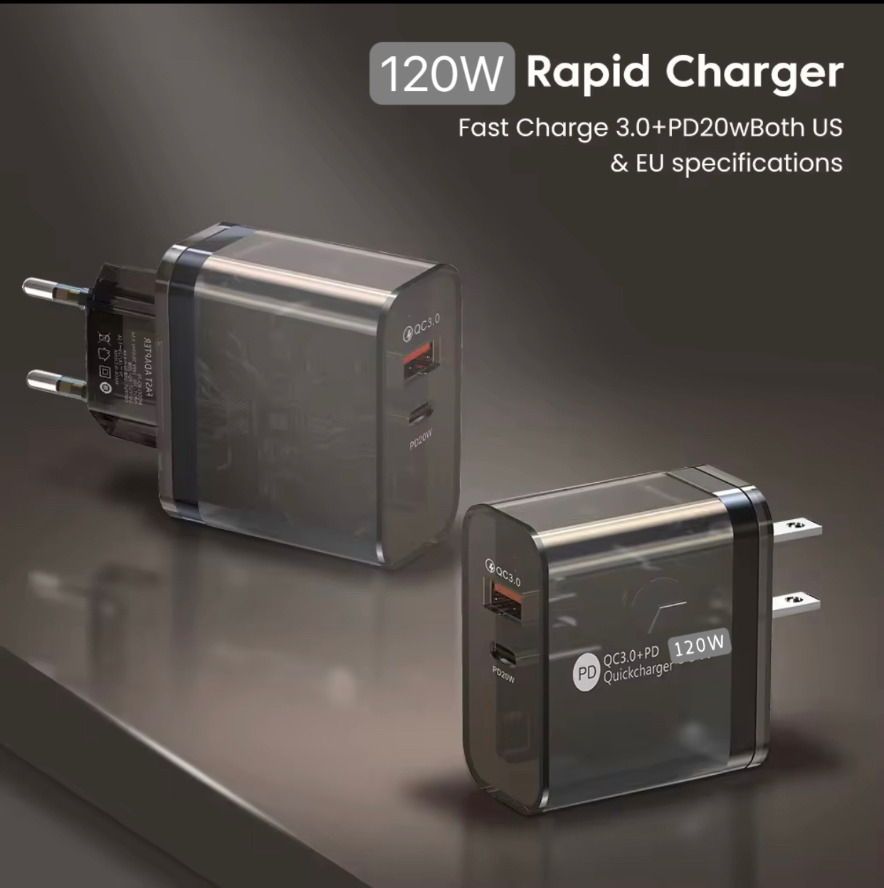 HONG shop 120wTransparent Quick Charge Fast Charging USBCharger  Type C PD USB-C Mobile Phone Charger