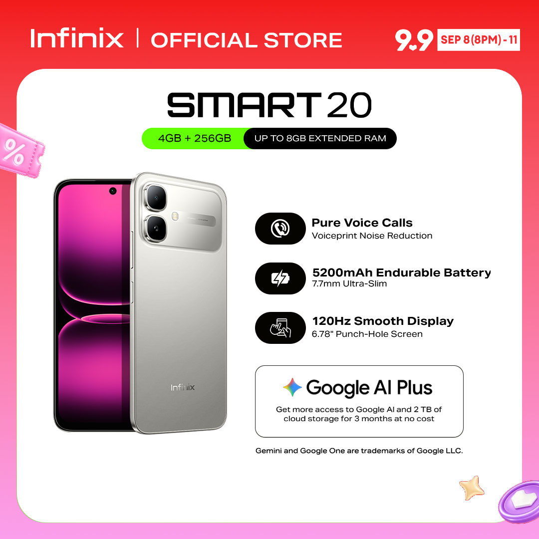 Infinix Smart 20, (up to 8GB [4GB + 256GB] MediaTek Helio G81 Ultimate / Pure Voice Calls - Voiceprint Noise Cancellation / 120Hz Smooth Display / 6.78" Punch-Hole Screen / 7.7 mm Ultra-Slim / 5200 mAh (1 year local warranty)