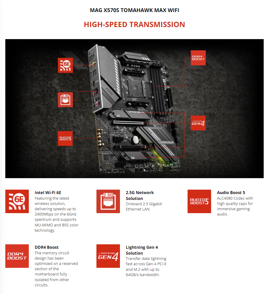 MSI MAG X570S TOMAHAWK MAX WIFI 6e 2.5G LAN Realtek® ALC4080 AM4 AMD X570 SATA 6Gb/s ATX AMD Motherboard **New and improved without Heatsink Fan**