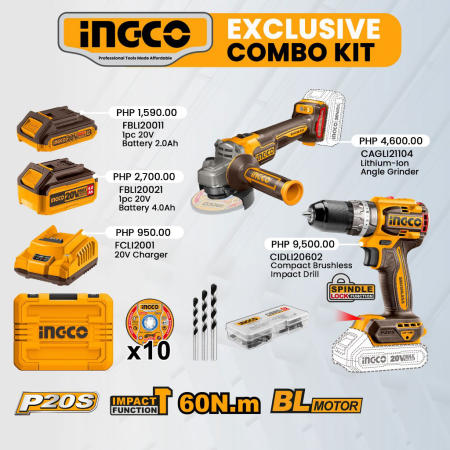 Ingco Cordless Angle Grinder & Brushless Drill Combo Kit